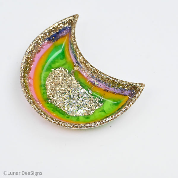 Resin Crescent Moon Dish - One of a kind no waste - Golden rainbow